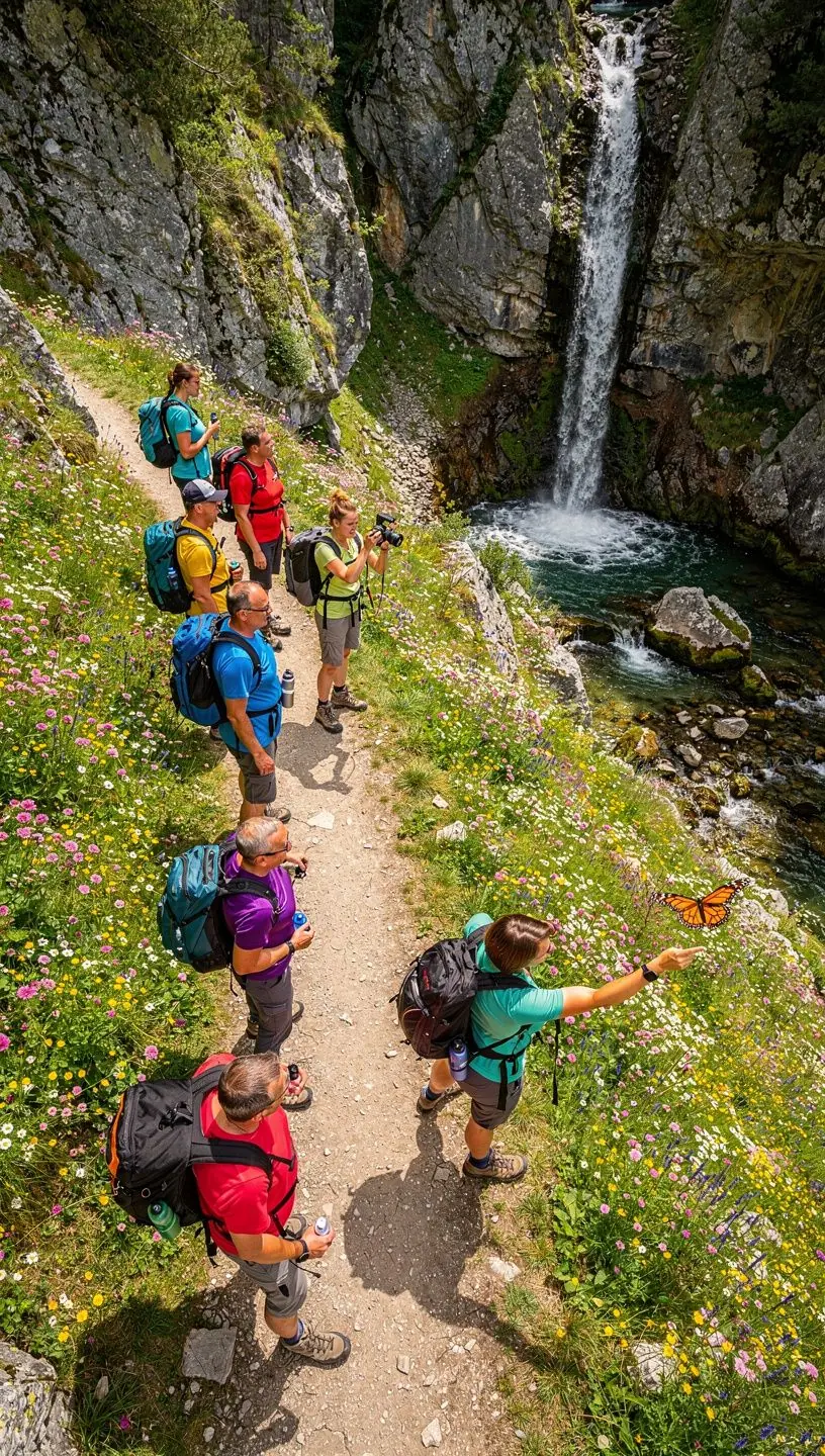 A breathtaking view of a cascading waterfall surrounded by lush green forest.