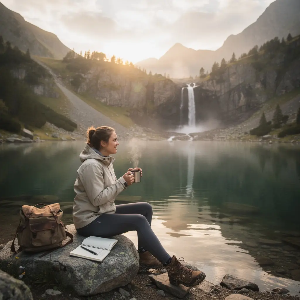 Hikers trekking along a scenic trail with a picturesque stream flowing beside them.