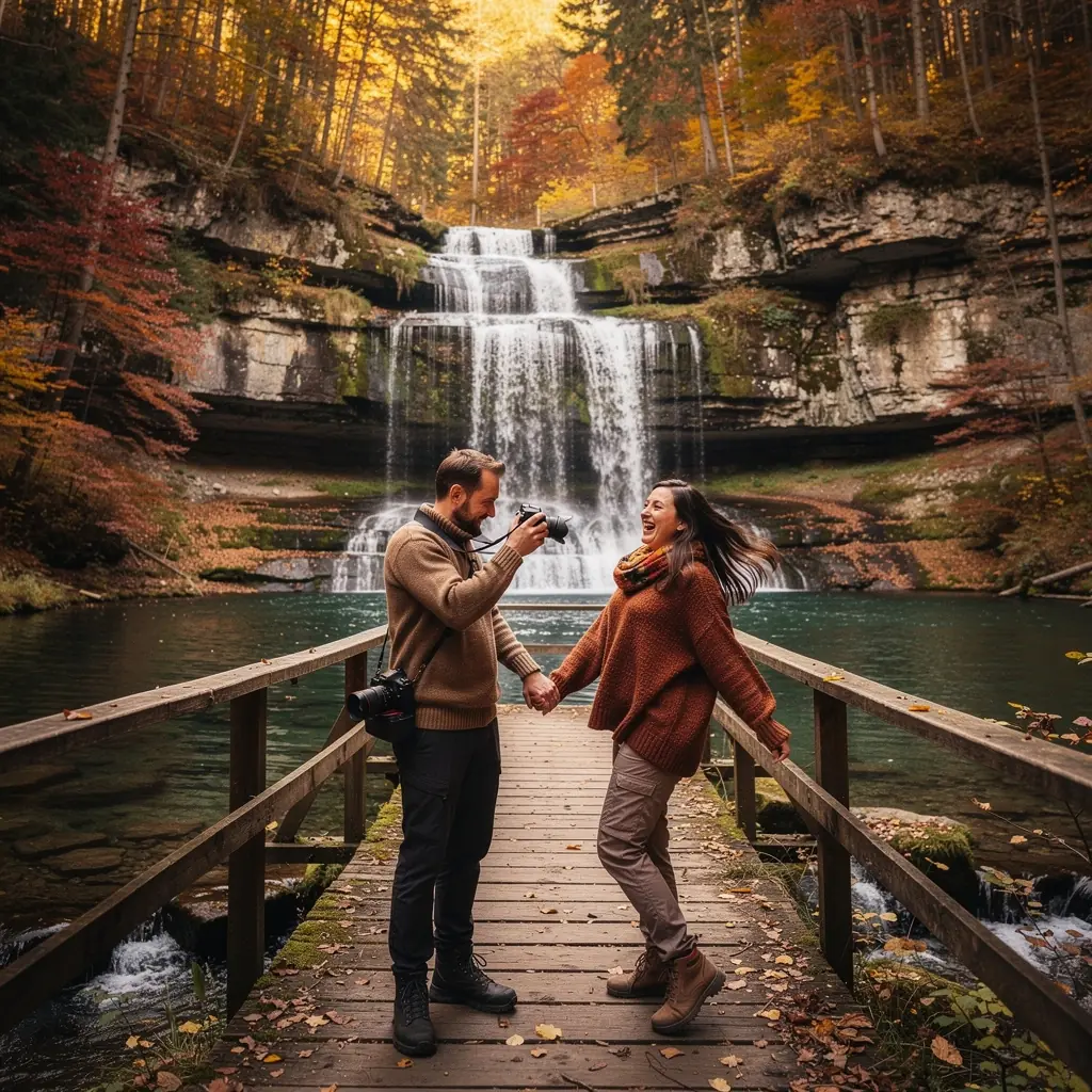 A close-up of vibrant wildflowers blooming near a tranquil forest waterfall.