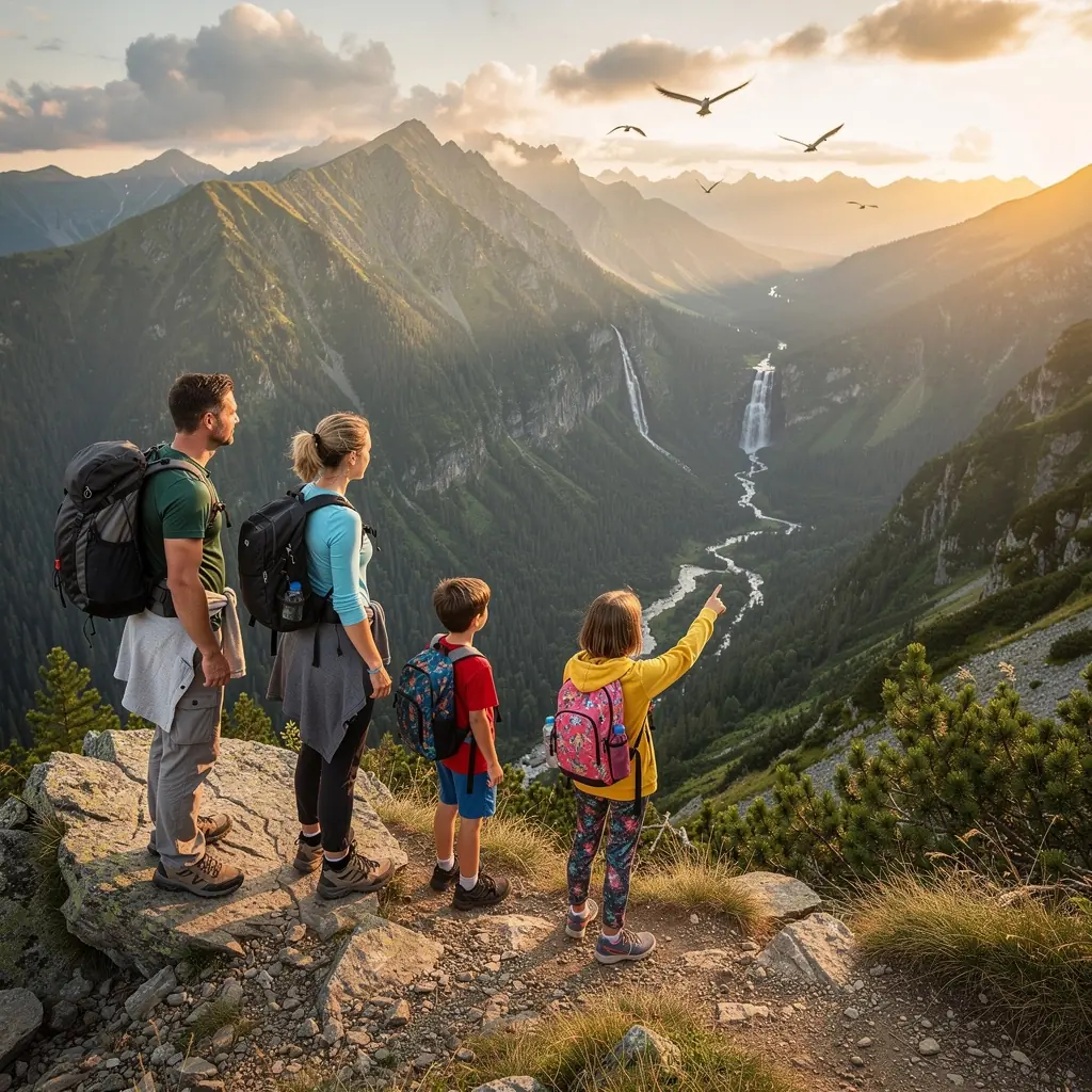 Sunlight filtering through tree branches, illuminating a peaceful waterfall setting.