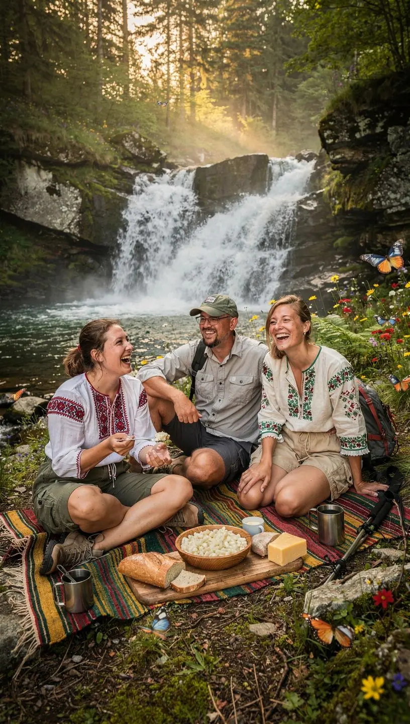 A panoramic landscape showcasing multiple waterfalls cascading down rocky cliffs.
